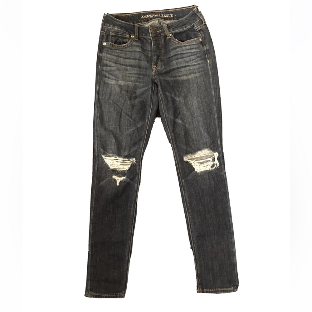 American Eagle Size 00 Tomgirl Button Fly Distressed Dark Wash Blue Denim Jeans